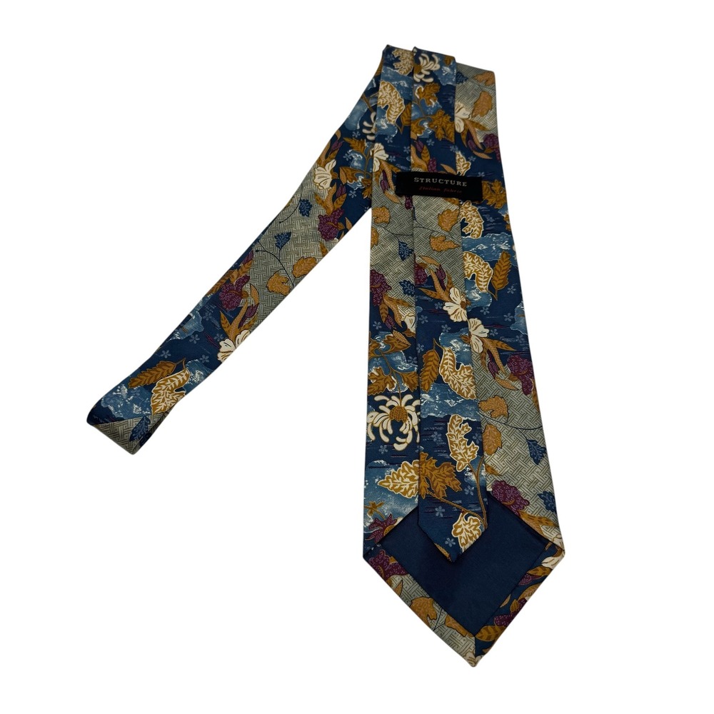 Structure Blue Gold Floral Geometric Italian Silk Made in USA 57" x 4" Necktie - Picture 6 of 8